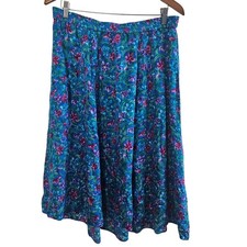 Vintage Floral Skirt Women Sz 14 Blue Silk 90s Prairie Full Cottage Fairy Modest