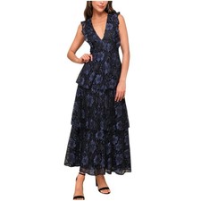 Lulu's Molinetto Black and Blue Floral Lace Tiered Sleeveless Maxi Dress XS