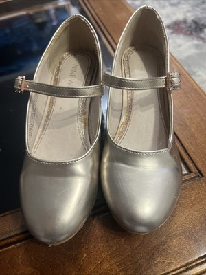 Nine West Mary Jane Heels Kids Size 13 Champagne Gold Glitter Buckle Dress Shoes