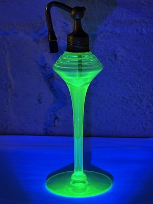 Antique 6  1920s 1930s Art Deco Green Uranium Glass Perfume Bottle Atomizer VTG