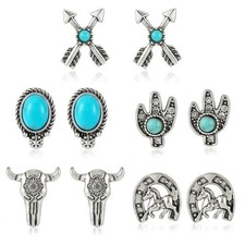 Western Earrings for Women Boho Turquoise Stud Earring Set Rodeo Cowboy Blue5
