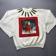 Vintage Santa Claus Deer Christmas Graphic Sweatshirt Ugly Holiday Sweater Large