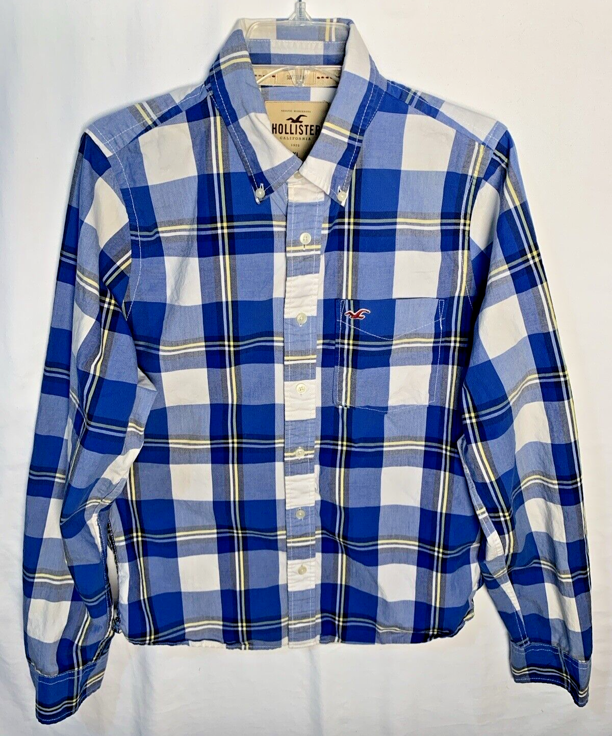 Hollister Mens XL Surfer Cut Shirt Blue White Yellow Plaid Button Down