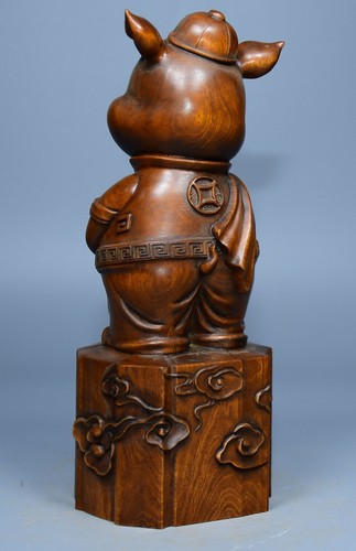 Chinese Boxwood Wood Carving Struggle Pig Statue Home Decor Nice Art Work Gift - Picture 4 of 15