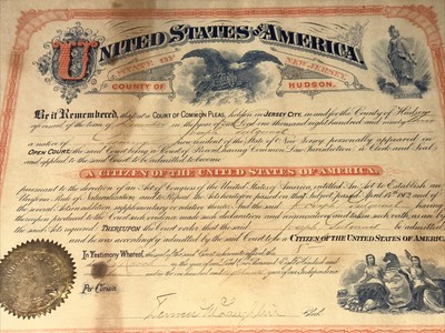 Antique United States Citizenship Certificate 1894 Hudson New York State Framed