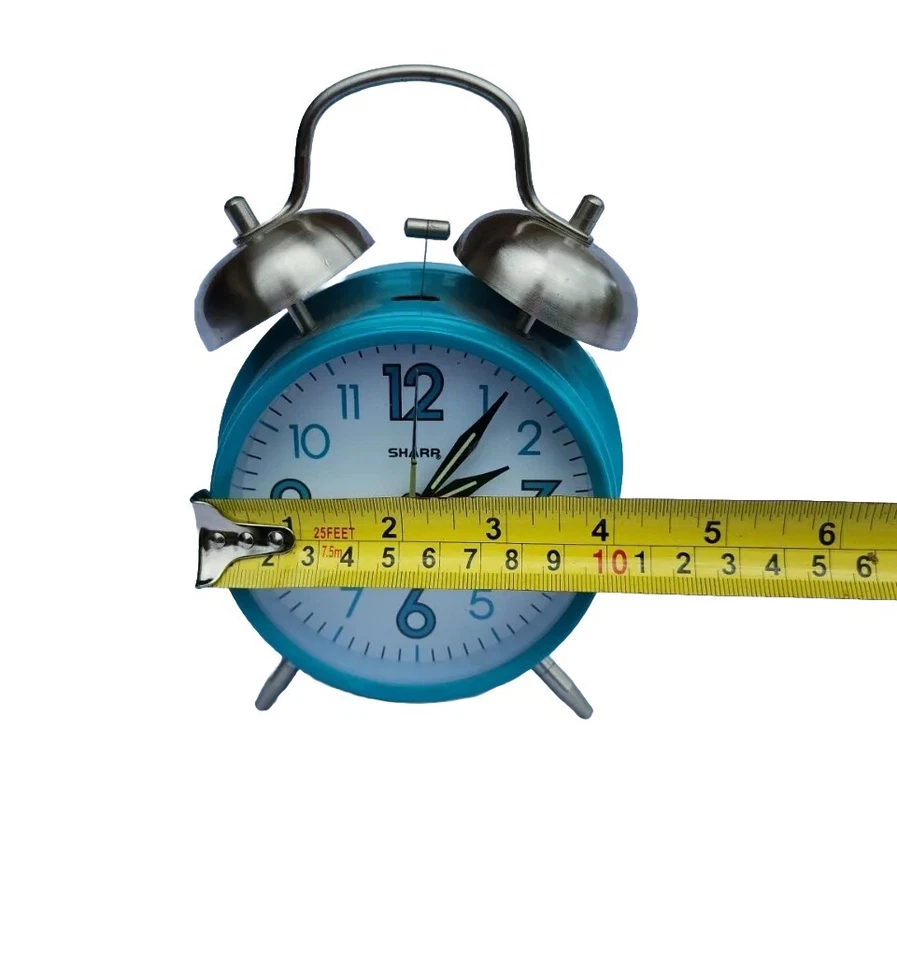 Sharp Twin Bell Tortoise Blue Metal Retro Analog Hands Glow In Dark Alarm Clock - Image 4 of 4