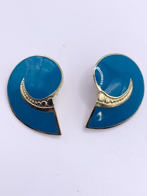 Vintage L Bott 80s Statement Earrings Enamel Teal And Gold Signed Clip Ons  Fab!