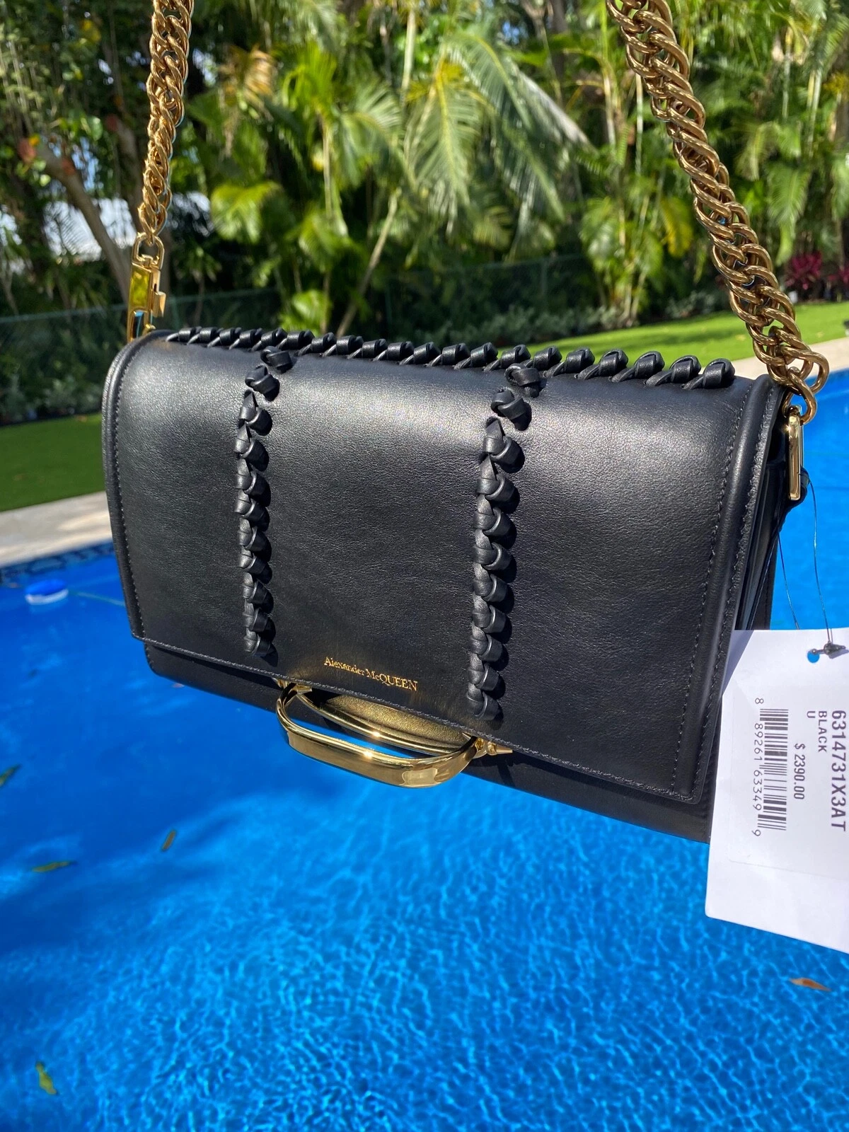 Borsa ALEXANDER MCQUEEN 'The Story' nuova pelle nera oro catena nocche