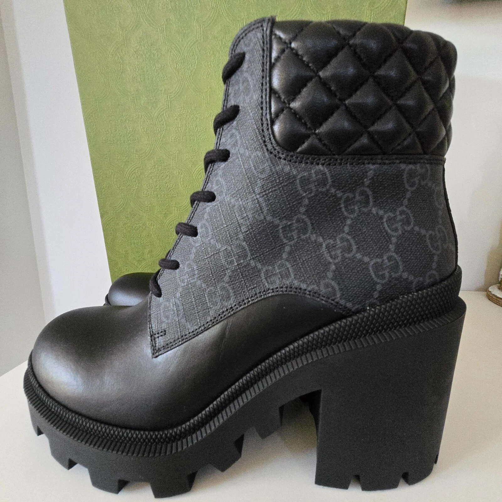 Gucci Calfskin GG Supreme Nappa Samoa Quilted Lace Up Ankle Boots 39.5 Black