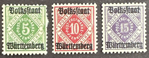 Wurttemberg 1919 Sc#O45, O47-O48 Lot of 3 MH OG Official Government Stamps