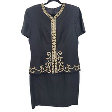 Vtg 80s Black Linen Petite Dress Sz 14P Gold Embroidered Beaded Peplum Layered