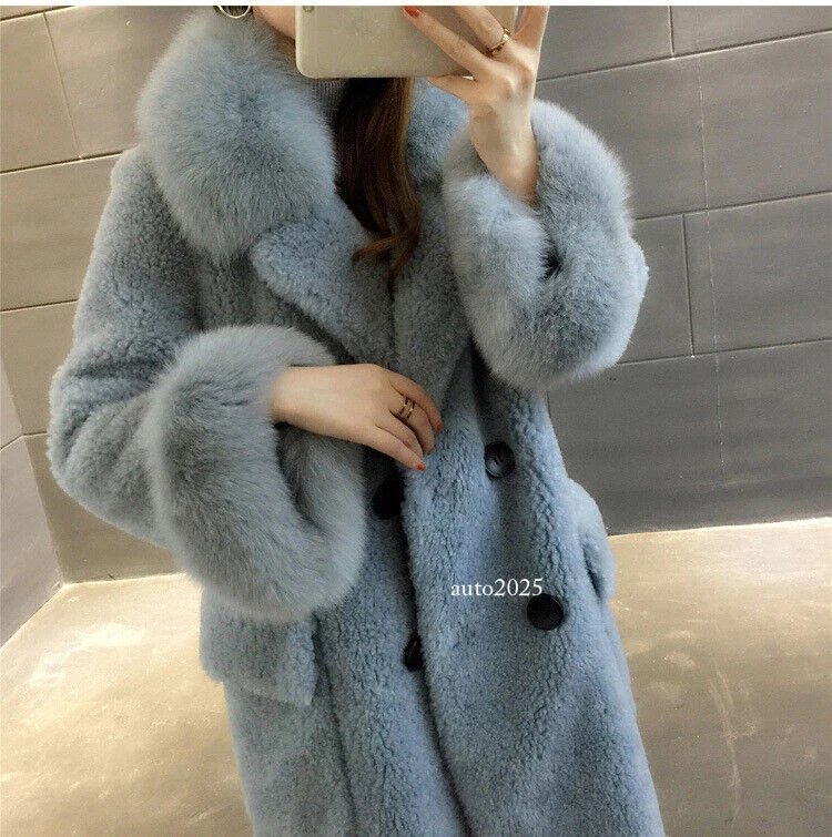 OFF WHITE Cappotto donna invernale vera pelliccia di volpe collo shearling lana agnello oversize lungo soprabito