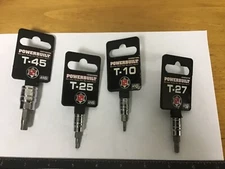 Qty (4) Assorted Powerbuilt Torx Sockets, Star Bits T-10, T-25, T-27, T-45