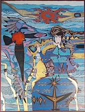 Large Qin Yuan Yue “Morning Tide” metallic ink serigraph on heavy paper 1990