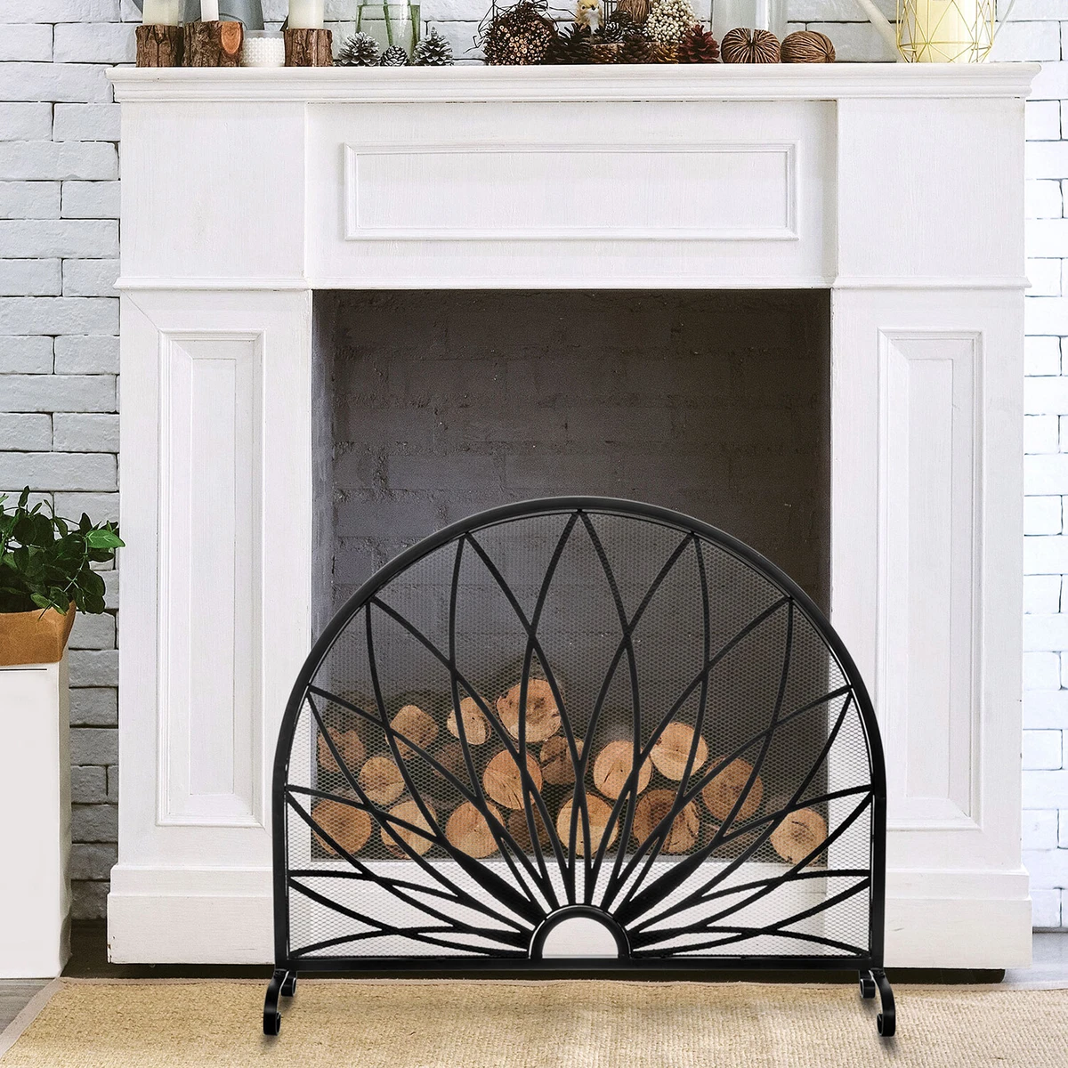 Starburst Design Black Metal Mesh Fan Style Fireplace Screen Fireplace Grate