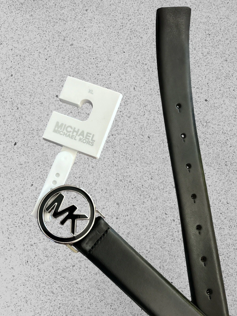 MICHAEL KORS BELT BLACK ROUND MK LOGO SILVER & BLACK BUCKLE 