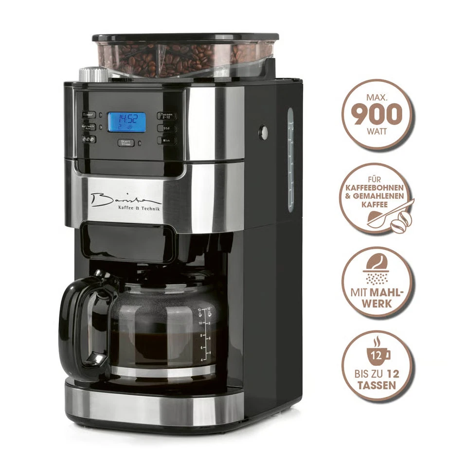 Barista Kaffeemaschine Mahlwerk 900W Edelstahl/Schwarz 12 Tassen Permanentfilter - Bild 2 von 4