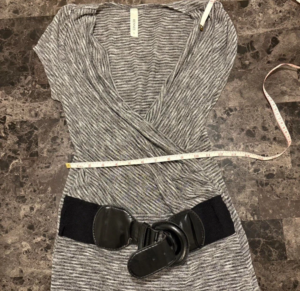 Mini Vestido Y2K Gris Tejido Bodycon Cinturón Cuello en V Suéter Vestido Oficina Sirena Foto 4 de 4