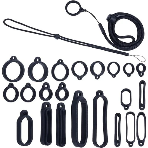 Black silicone rubber E-Vaping lanyard with multiple rings and accessories against loss prevention.