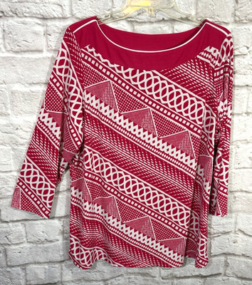 Susan Graver Liquid Knit Pink White Top Large Geometric Slinky Stretchy Pullover