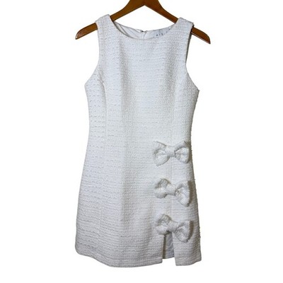 New MABLE Women Tweed Mini Dress S White Bow Side Slit Coquette Old Money