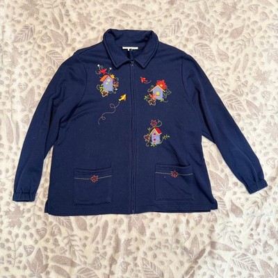 Breckenridge Zip Up Jacket Womens XL Navy Blue Birdhouse Embroidery Grandma Core