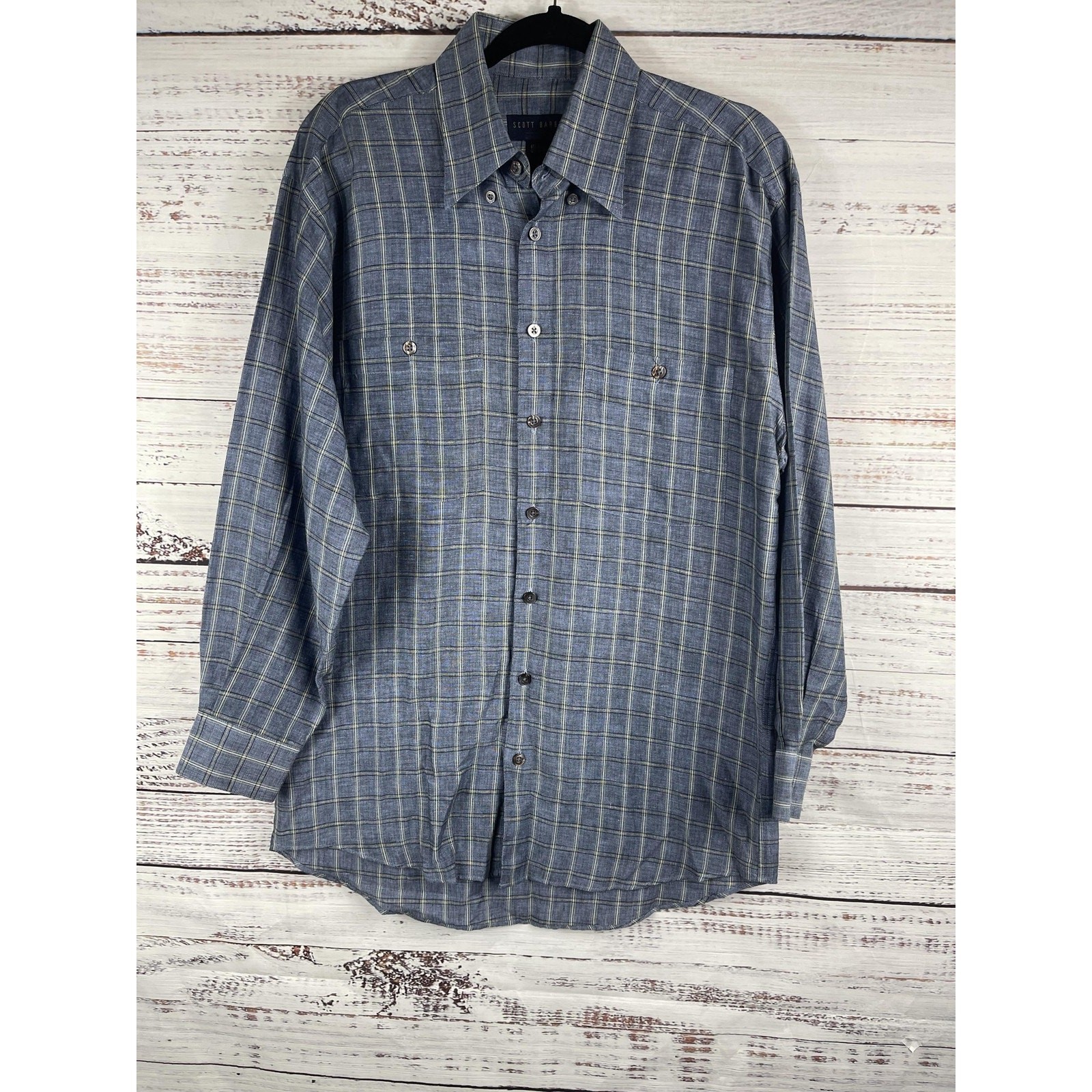 Scott Barber Shirt Men's Medium Blue Gray Plaid Linen Cotton Button Front Casual