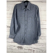 Scott Barber Shirt Men's Medium Blue Gray Plaid Linen Cotton Button Front Casual