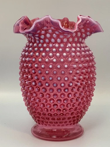 Fenton Hobnail Vase 8” Large Cranberry Pink Rose Ruffle Opalescent Vintage