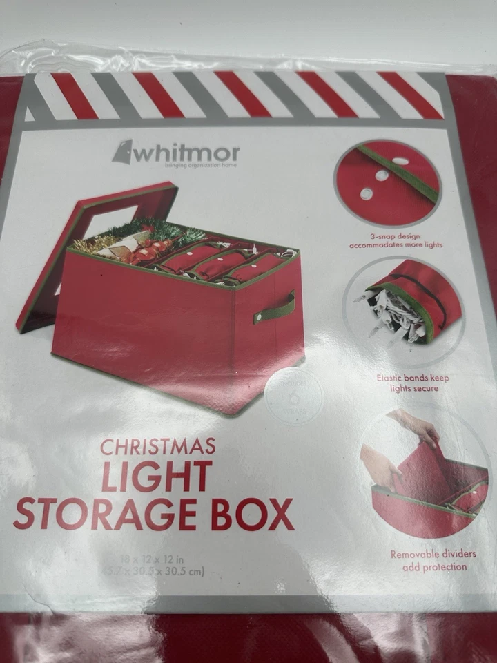Рождественская коробка для хранения WHITMOR 18x12x12 дюймов - красная с 6 обертками и разделителями новая - Изображение 3 из 4