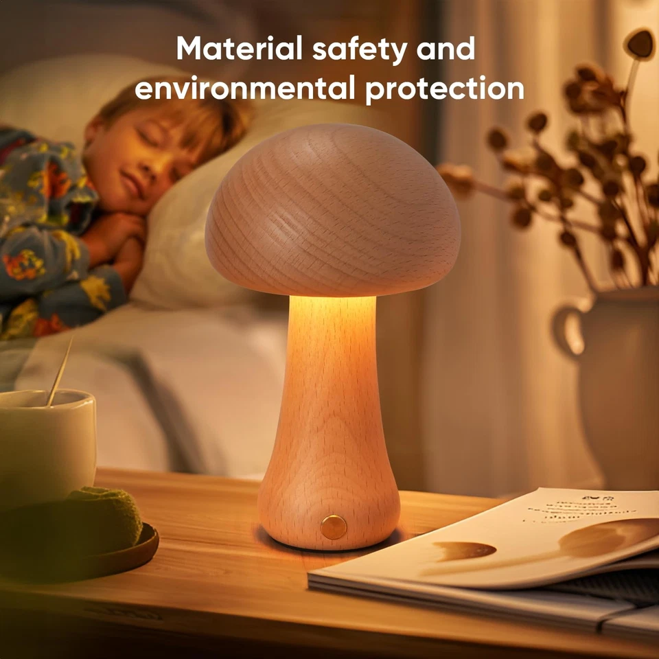 Small Wood Mushroom Lamp, LED Cordless Bedside Touch, Portable Dimmable Batte - Image 4 of 4