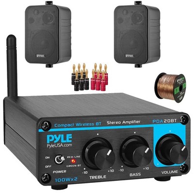 Pyle PDA20BT 2-Channel Class D Home Receiver, 2x 4'' 30W Speakers, Banana Plugs