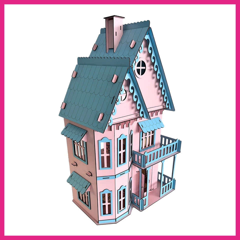 Casa de muñecas de madera, rompecabezas de madera 3D casa de muñecas, casa de muñecas en colores rosa bebé, hágalo usted mismo Foto 4 de 4