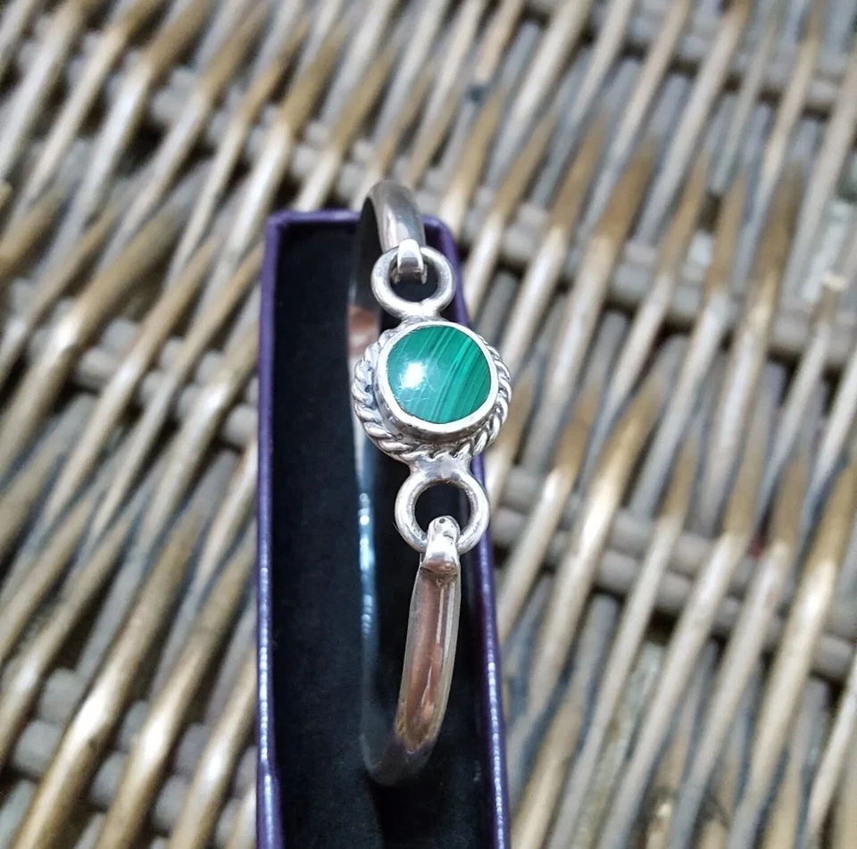 Pulsera Vintage Plata de Ley 925, Brazalete Malaquita Verde, 7.2", México  Foto 2 de 4