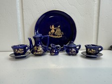 Vtg Cobalt Blue Gold Trim Victorian Miniature Tea Set 10pc