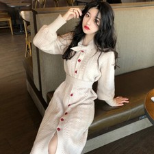 Lady Sweater Knitted Midi Dress Long Puff Sleeve Button Slim Casual Fashion Warm