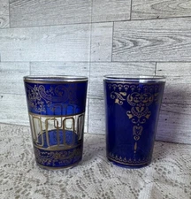Vintage Set Of Moroccan Cobalt Blue Gold Tea Glasses Juice 4” Set of 2 Mismatch