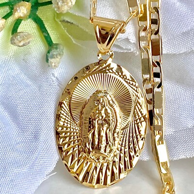 14k Gold Plated our Lady Marie Necklace Guadalupe Oval Shape Pendant ...