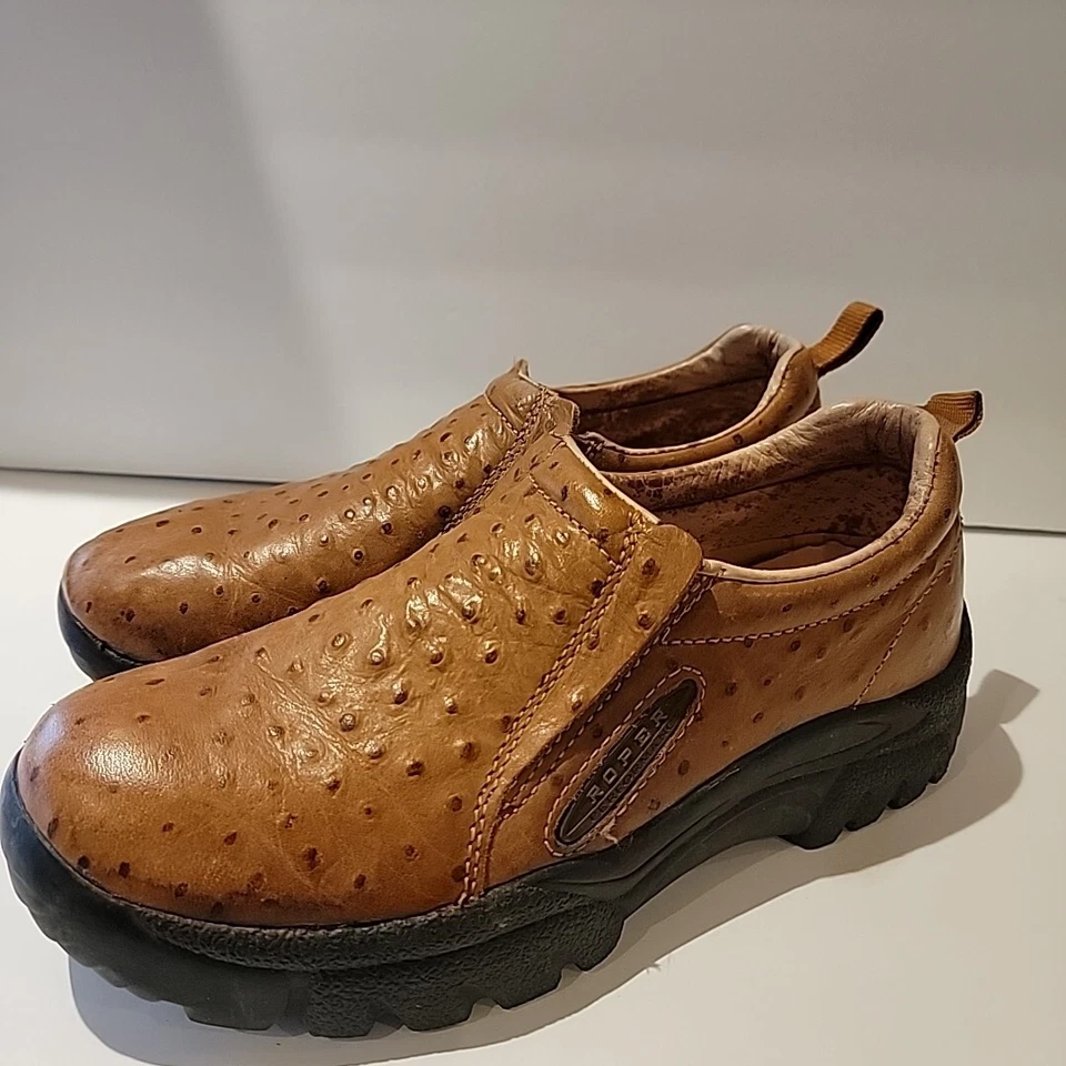 Mocasines informales de cuero marrón con estampado de avestruz Roper para hombre talla 8 Foto 2 de 4