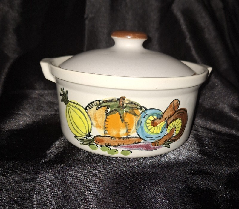 Vintage Stoneware Crock With Lid~Vegetable Design~Oven Proof~Korea~Hand Painted