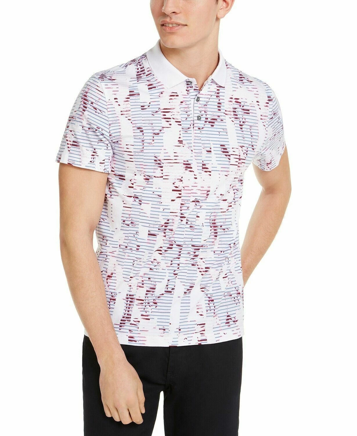 Alfani Mens Ribbed Trim Printed Top Polo Shirt Size Large