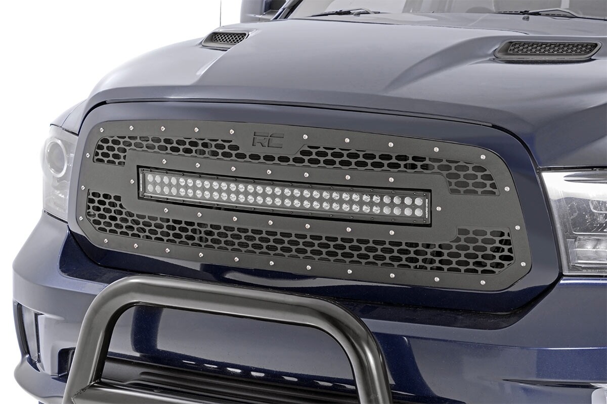 Rough Country Mesh Grille w/30in Dual Row Black Series LED 13-18 for RAM 1500