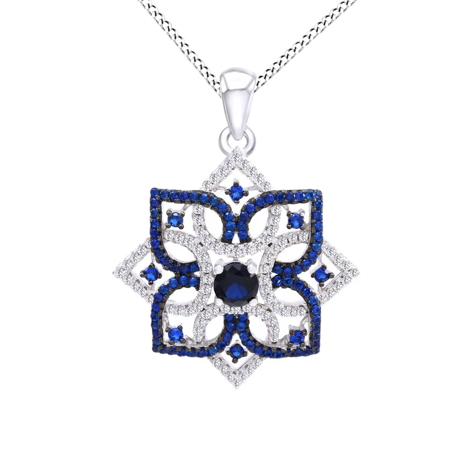 Collar plateado colgante flor diamante zafiro azul simulado y diamante 18" Foto 3 de 4