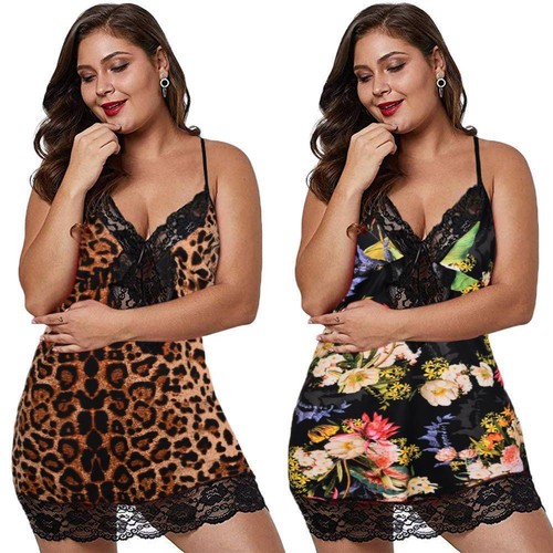 Plus Size Women Leopard Lace Lingerie Nightdress Sexy Nightwear Nightie Size 26