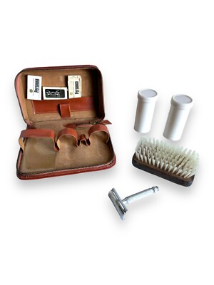 Vintage Pflege Rasieren Reiseset Herren Ledertasche & Gillette Rasiermesser Set selten