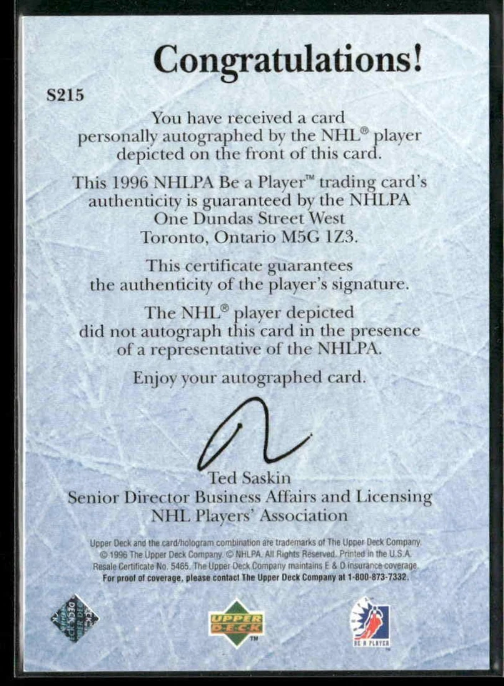 1995-96 Upper Deck Be a Player #S215 Keith Tkachuk Autographs - Image 2 of 2