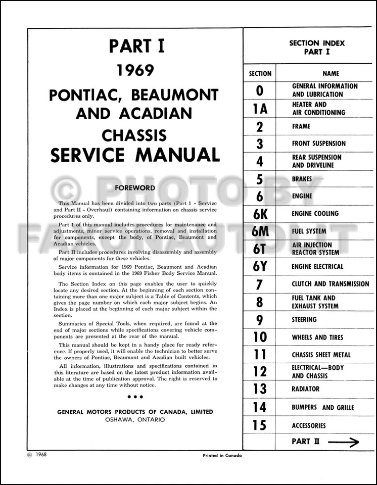 Pontiac 1969 Canadian Shop Manual Parisienne Laurentian Strato Acadian Beaumont Foto 2 de 3
