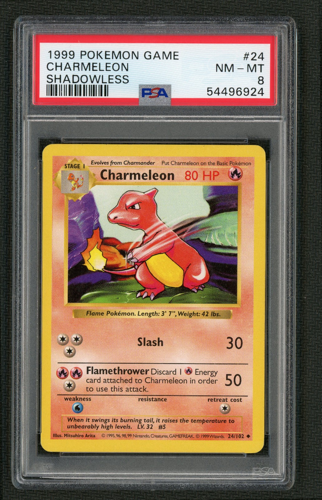 1999 POKEMON GAME 24 CHARMELEON SHADOWLESS PSA NEAR MINT-MINT 8