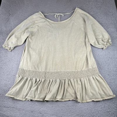 #ad Free People Beach Jenny Mini Dress Womens Large Green Cotton 3 4 Sleeve Boho $25.00