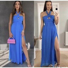 ZARA LONG HALTERNECK DRESS WITH SLITS BLUE SIZE  L 7752/334 BNWT